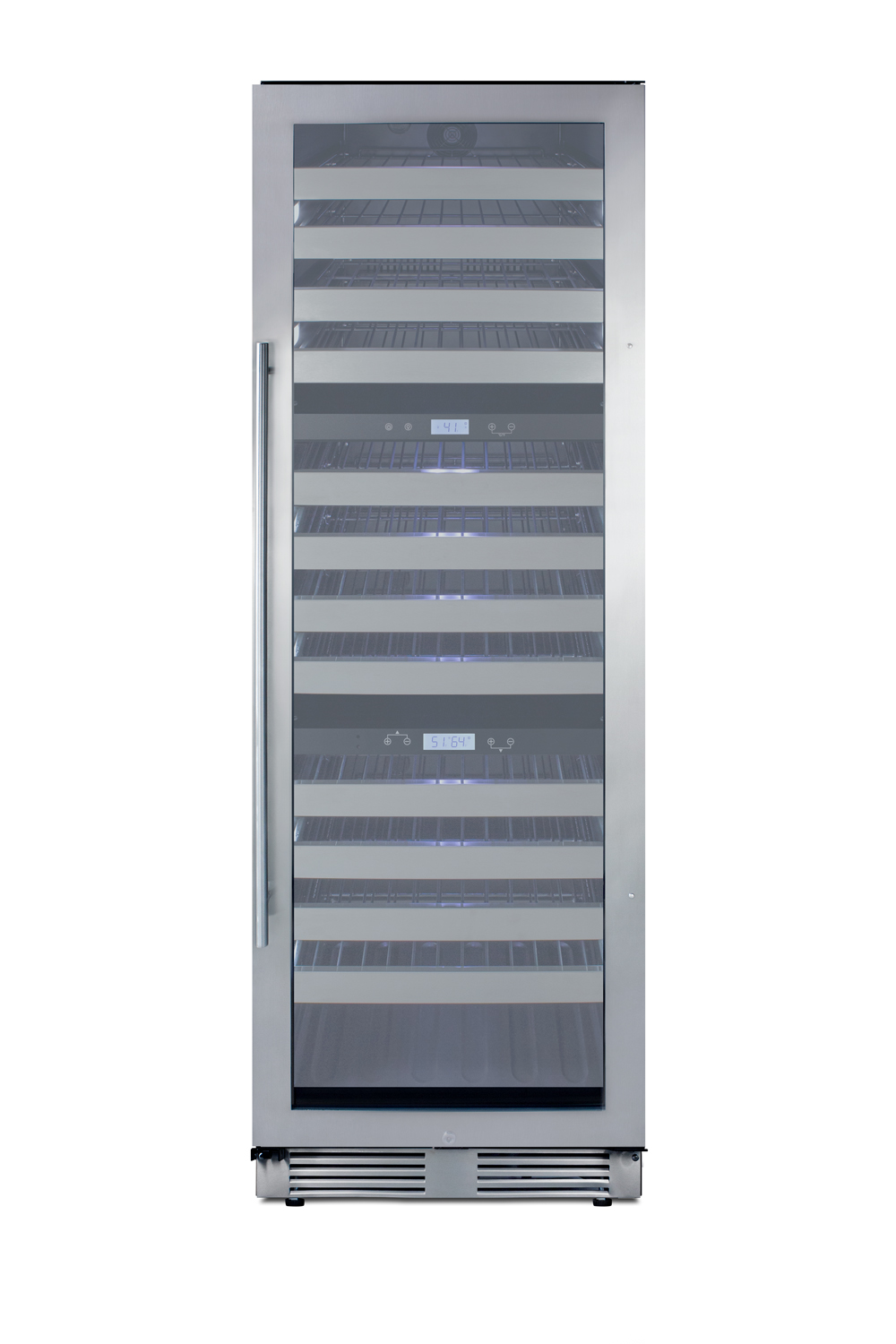 Triple zone 149 bottle commercial wine cellar for built-in or freestanding use, with a glass door with seamless stainless steel trim and stainless steel cabinet, digital thermostats, full-extension shelving, and factory-installed lock